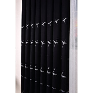 Anka Kuşu Nakışlı Siyah Fon Perde Tek Kanat 1x3 Sık Pile 240x260 cm
