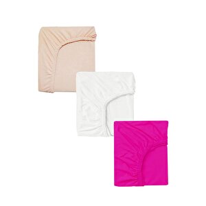 3 Adet 50 X 90 X 10 Cm Anne Yanı Lastikli Penye Kumaş Bebek Çarşafı Beyaz Fuşya
