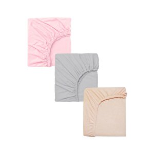 3 Adet 50 X 90 X 10 Cm Anne Yanı Lastikli Penye Kumaş Bebek Çarşafı Gri-Pembe