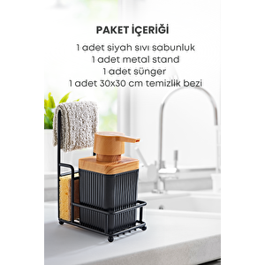Metal Standlı Süngerli Tekli Siyah Ahşap Akrilik Bulaşık Deterjanı Sıvı Sabunluk 400 Ml-bez Askılığı