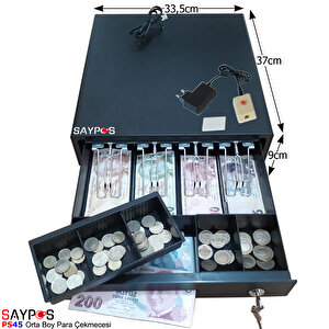 4 Banknot Gözlü Kolay Açma Buton Ve Adaptörlü, Anahtardan Açılır Orta Boy Para Çekmecesi 33,5x37x9cm