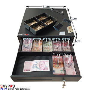7 Banknot Gözlü Kolay Açma Buton Ve Adaptörlü, Anahtardan Açılır Para Çekmecesi 41x41x11cm