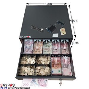 7 Banknot Gözlü Kolay Açma Buton Ve Adaptörlü, Anahtardan Açılır Para Çekmecesi 41x41x11cm