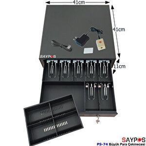 7 Banknot Gözlü Kolay Açma Buton Ve Adaptörlü, Anahtardan Açılır Para Çekmecesi 41x41x11cm