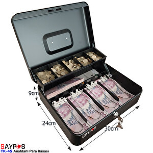 Anahtardan Açılır ve Taşıma Kulplu Para Kasası 4 Banknot 5 Madeni Para Gözlü Gizli Bölmeli 30x24x9cm