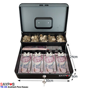 Anahtardan Açılır ve Taşıma Kulplu Para Kasası 4 Banknot 5 Madeni Para Gözlü Gizli Bölmeli 30x24x9cm