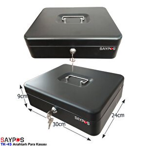 Anahtardan Açılır ve Taşıma Kulplu Para Kasası 4 Banknot 5 Madeni Para Gözlü Gizli Bölmeli 30x24x9cm