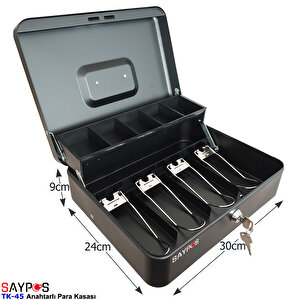 Anahtardan Açılır ve Taşıma Kulplu Para Kasası 4 Banknot 5 Madeni Para Gözlü Gizli Bölmeli 30x24x9cm