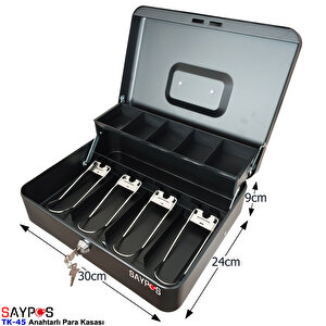 Anahtardan Açılır ve Taşıma Kulplu Para Kasası 4 Banknot 5 Madeni Para Gözlü Gizli Bölmeli 30x24x9cm