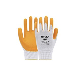 Pn3 No: 9 Beyaz - Sarı Polyester Astarlı Nitril Eldiven 12 Çift