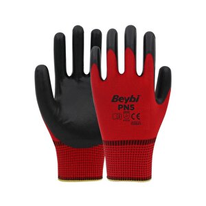 Beybi Pn5 No: 9 Kırmızı - Siyah Polyester Astarlı Nitril Eldiven 12 Çift