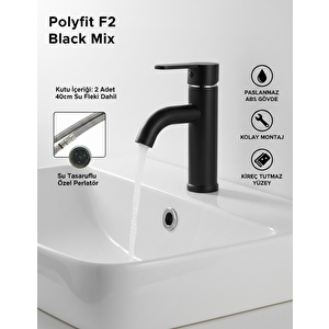 F2 Siyah Mix Lavabo Bataryası - 21 cm Modern Tasarım - Paslanmaz ABS Gövde - Parmak İzi Tutmaz Mat Yüzey