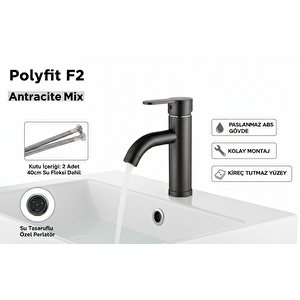 Antrasit Gri Kesinlikle Paslanmayan ABS Mix Lavabo Bataryası - F2 Model - Su Tasarruflu