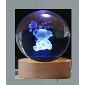 Dekoratif Ayıcık Tasarımlı Ahşap Altlıklı Işıklı Cam Küre Cam:6cm Ahşap:2cm