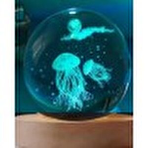 Dekoratif Deniz Anası Tasarımlı Ahşap Altlıklı Işıklı Cam Küre Büyük Boy