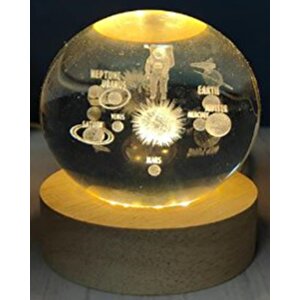 Dekoratif Bütün Gezegenler Tasarımlı Ahşap Altlıklı Işıklı Cam Küre Büyük Boy Cam:8cm Ahşap:2cm