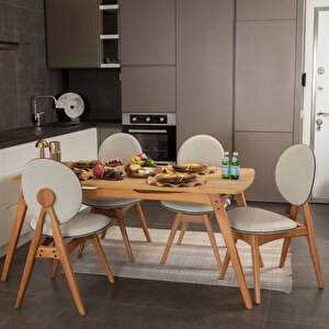 Touch İskandi̇nav Mutfak Masa Takimi Meşe İskelet Krem Kumaş 4 Sandalye 1 Masa