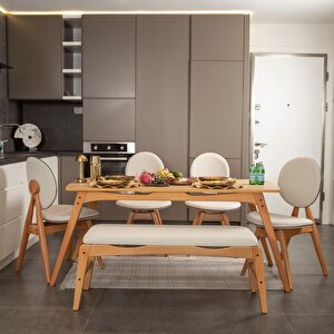 Touch İskandi̇nav Mutfak Masa Takimi Meşe İskelet Krem Kumaş 4 Sandalye 1 Benchli̇