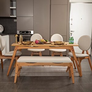 Touch İskandi̇nav Mutfak Masa Takimi Meşe İskelet Krem Kumaş 4 Sandalye 1 Benchli̇