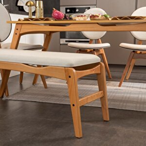 Touch İskandi̇nav Mutfak Masa Takimi Meşe İskelet Krem Kumaş 4 Sandalye 1 Benchli̇