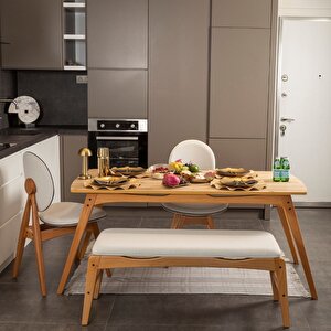 Touch İskandi̇nav Mutfak Masa Takimi Meşe İskelet Krem Kumaş 2 Sandalye 1 Benchli̇
