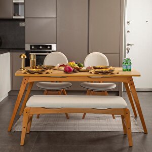 Touch İskandi̇nav Mutfak Masa Takimi Meşe İskelet Krem Kumaş 2 Sandalye 1 Benchli̇