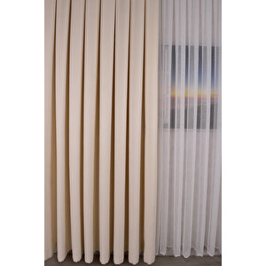 Ekru Düz Ada Fon Perde V-12489 Büzgülü Pilesiz Tek Kanat 150x250 cm