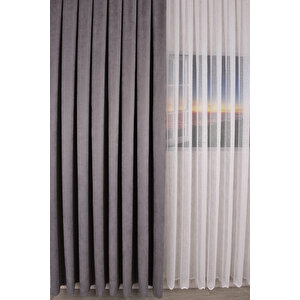Gri Düz Ada Fon Perde V-12488 Büzgülü Pilesiz Tek Kanat 450x260 cm