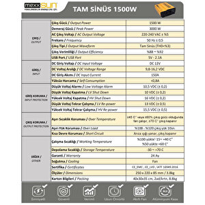 12v Volt-1500w Watt Tam Sinüs İnverter (220v Çevirici)