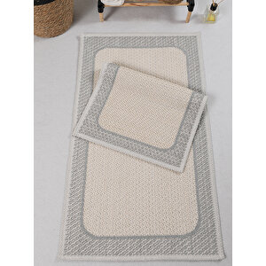 Naturel Pamuklu Kilim Yıkanabilir Banyo Paspası Seti 2'li Klozet Takımı 60x100-50x60cm 7034