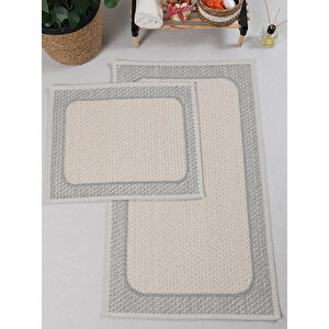Naturel Pamuklu Kilim Yıkanabilir Banyo Paspası Seti 2'li Klozet Takımı 60x100-50x60cm 7034