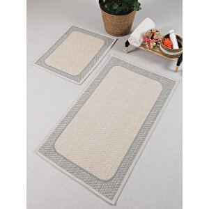 Naturel Pamuklu Kilim Yıkanabilir Banyo Paspası Seti 2'li Klozet Takımı 60x100-50x60cm 7034