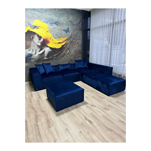 Angelo 4 Modül + 2 Puf Köşe Koltuk Takımı Bayb Face Kadife Koyu Lacivert Takım