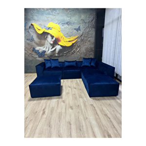 Angelo 4 Modül + 2 Puf Köşe Koltuk Takımı Bayb Face Kadife Koyu Lacivert Takım