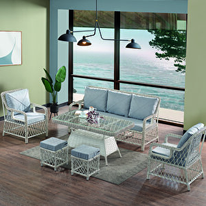 Edra Rattan Puflu Bahçe Balkon Takımı 3+1+1+camı Masa Kemik Rengi
