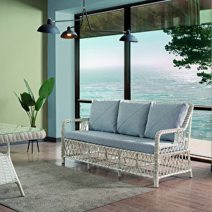 Edra Rattan Puflu Bahçe Balkon Takımı 3+1+1+camı Masa Kemik Rengi