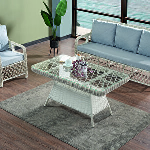 Edra Rattan Puflu Bahçe Balkon Takımı 3+1+1+camı Masa Kemik Rengi