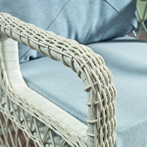 Edra Rattan Puflu Bahçe Balkon Takımı 3+1+1+camı Masa Kemik Rengi