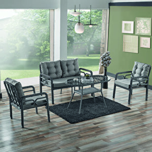 Rio Rattan Bahçe Balkon Oturma Takımı 2+1+1+camlı Masa Gri