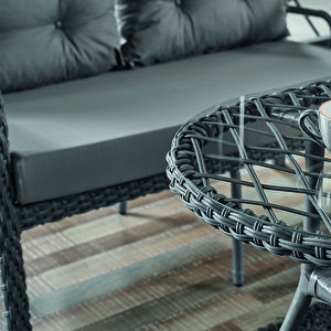 Rio Rattan Bahçe Balkon Oturma Takımı 2+1+1+camlı Masa Gri