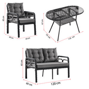 Rio Rattan Bahçe Balkon Oturma Takımı 2+1+1+camlı Masa Gri