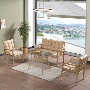 Rio Rattan Bahçe Balkon Oturma Takımı 2+1+1+camlı Masa Cappuccino