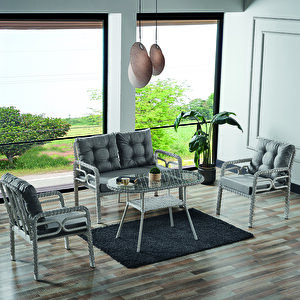 Rio Rattan Bahçe Balkon Oturma Takımı 2+1+1+camlı Masa Kemik Rengi