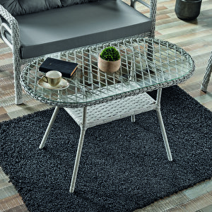 Rio Rattan Bahçe Balkon Oturma Takımı 2+1+1+camlı Masa Kemik Rengi