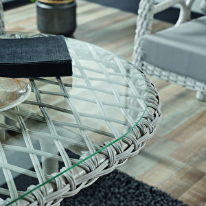 Rio Rattan Bahçe Balkon Oturma Takımı 2+1+1+camlı Masa Kemik Rengi