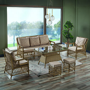 Edra Rattan Puflu Bahçe Balkon Takımı 3+1+1+camlı Masa Cappuccino