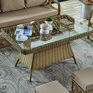 Edra Rattan Puflu Bahçe Balkon Takımı 3+1+1+camlı Masa Cappuccino
