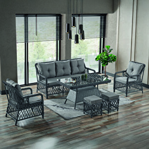 Edra Rattan Puflu Bahçe Balkon Takımı 3+1+1+camlı Masa Gri