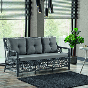 Edra Rattan Puflu Bahçe Balkon Takımı 3+1+1+camlı Masa Gri