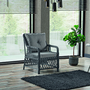 Edra Rattan Puflu Bahçe Balkon Takımı 3+1+1+camlı Masa Gri
